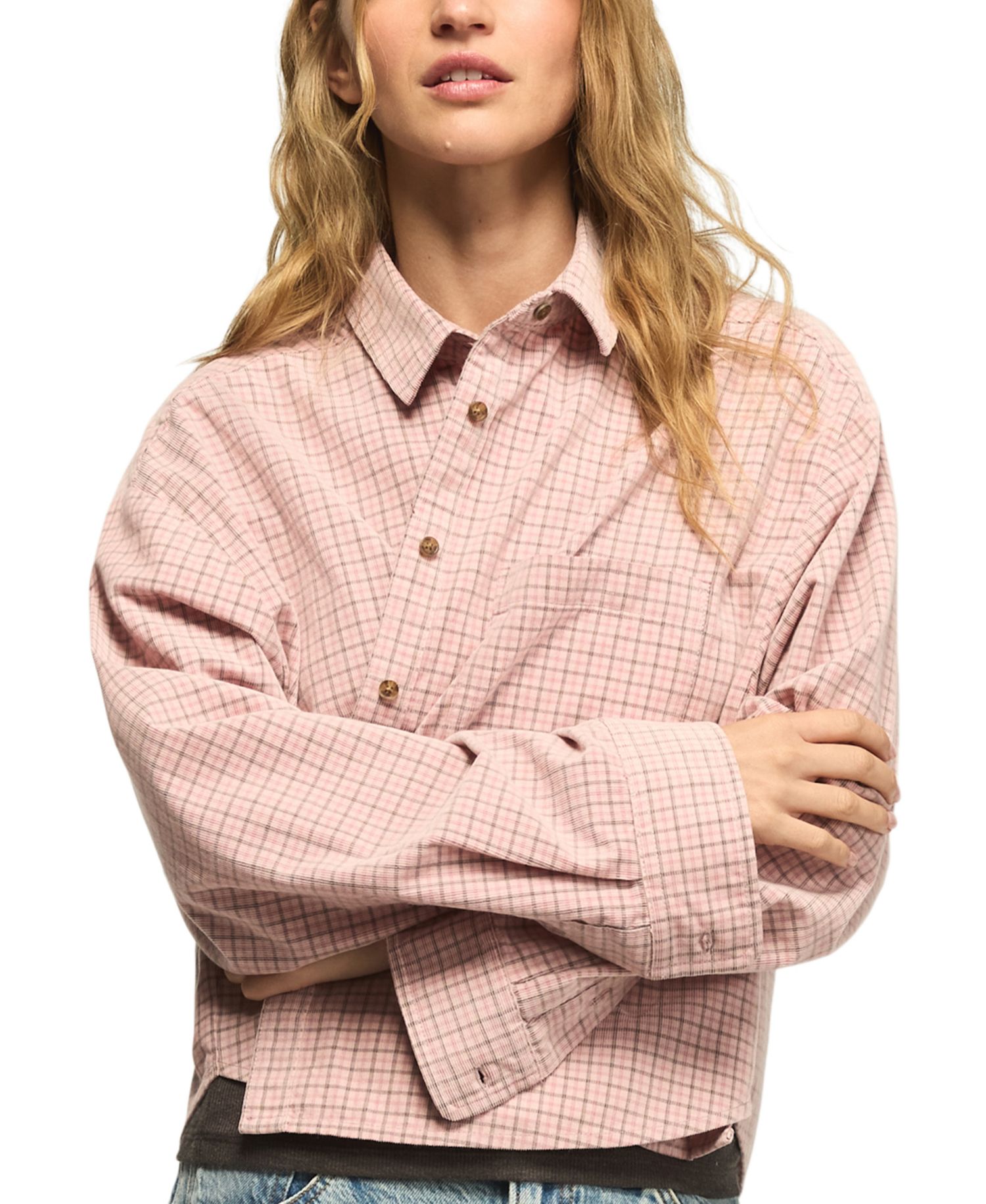 Women's Cropped Plaid Corduroy Button-Up Shirt