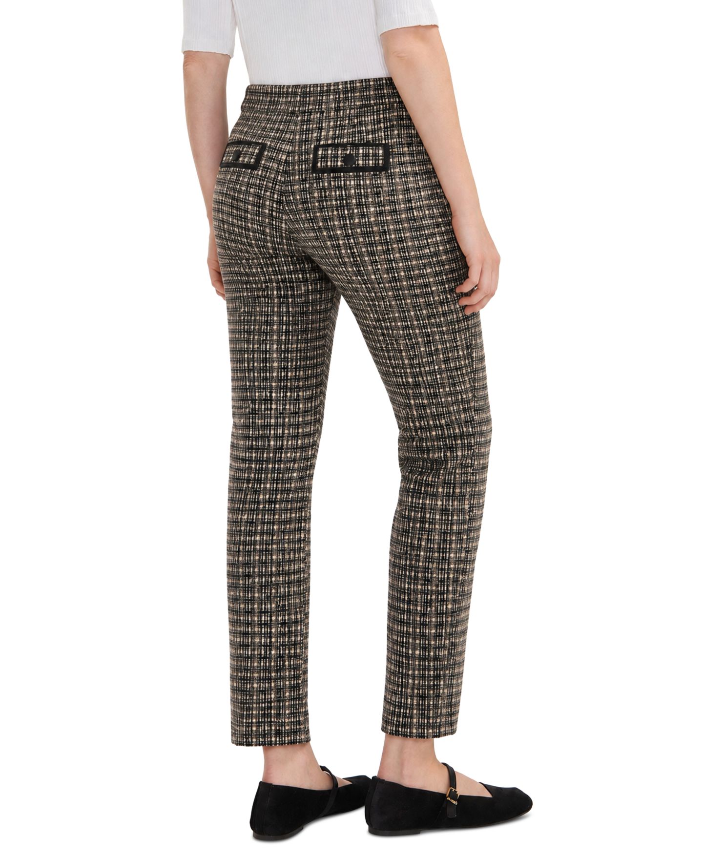 Женские брюки Liverpool Los Angeles Petite Faux-Leather Trim Plaid Straight-Leg Trousers, цвет: Чёрный рыжевато-коричневый клетчатый — фото 4