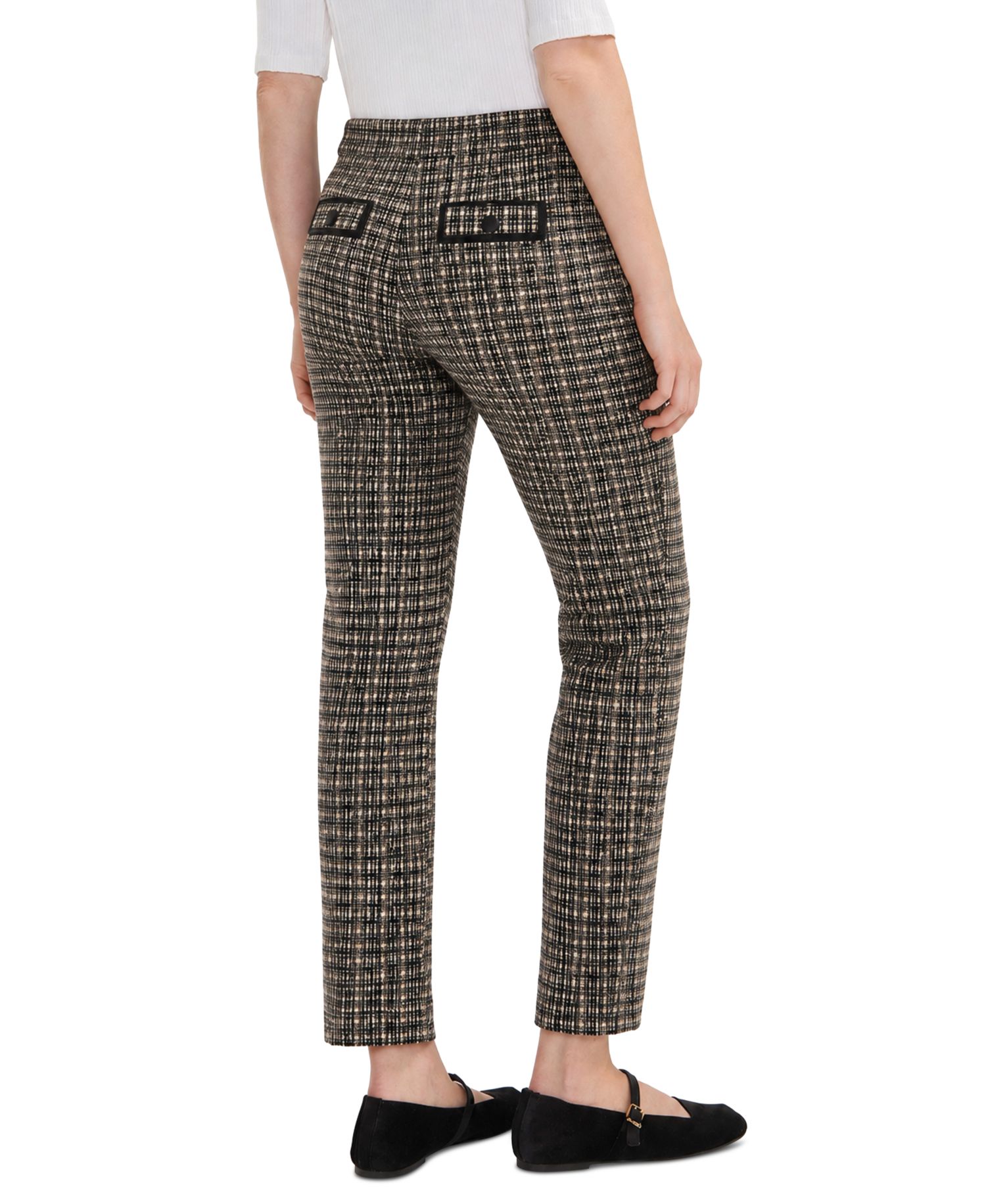 Petite Faux-Leather Trim Plaid Straight-Leg Trousers