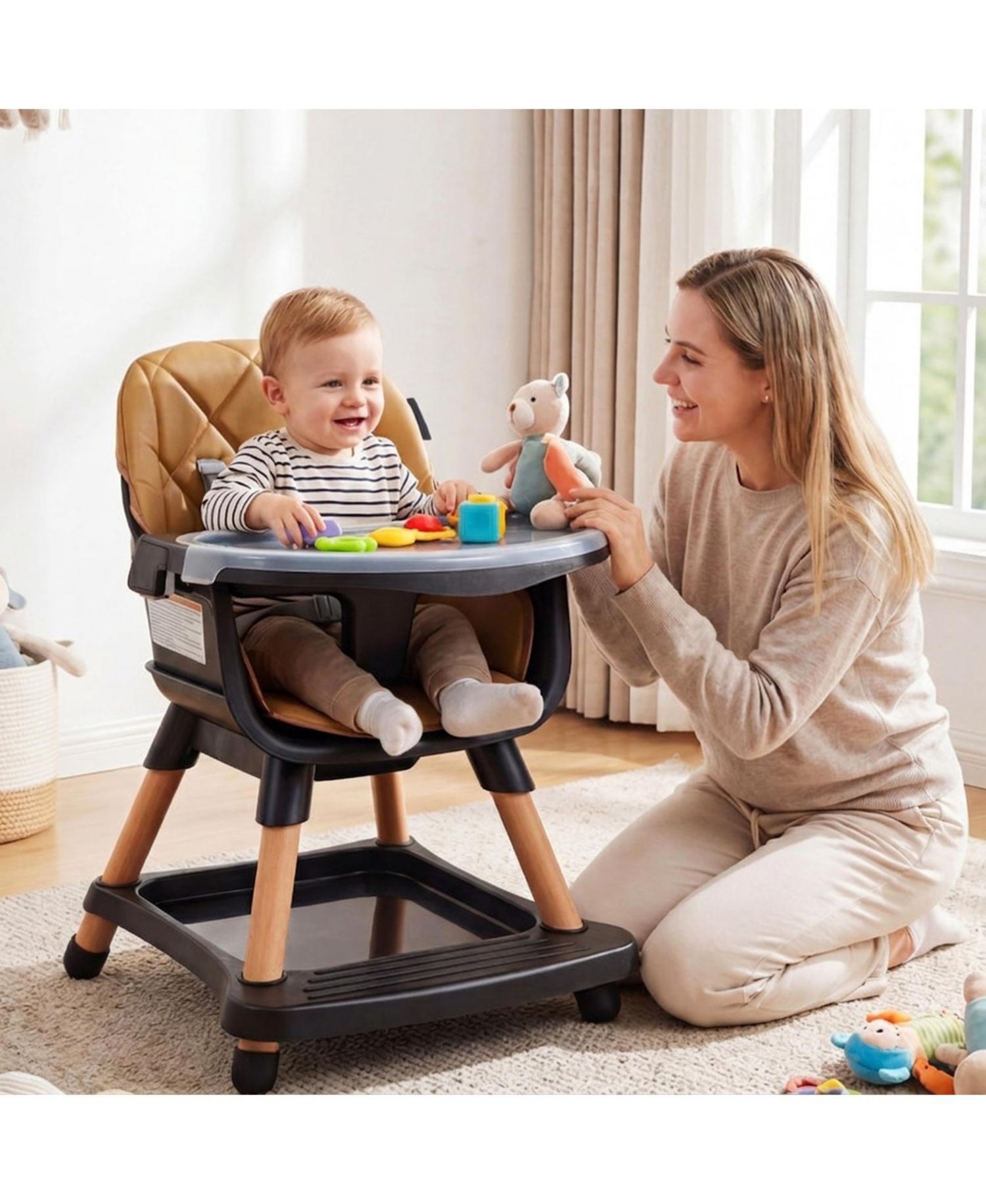 9-in-1 Convertible Baby High Chair with Storage Box and Wood Legs