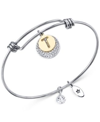 Photo 1 of Unwritten Pave and Initial Disc Bangle Bracelet in Stainless Steel and Silver Plated