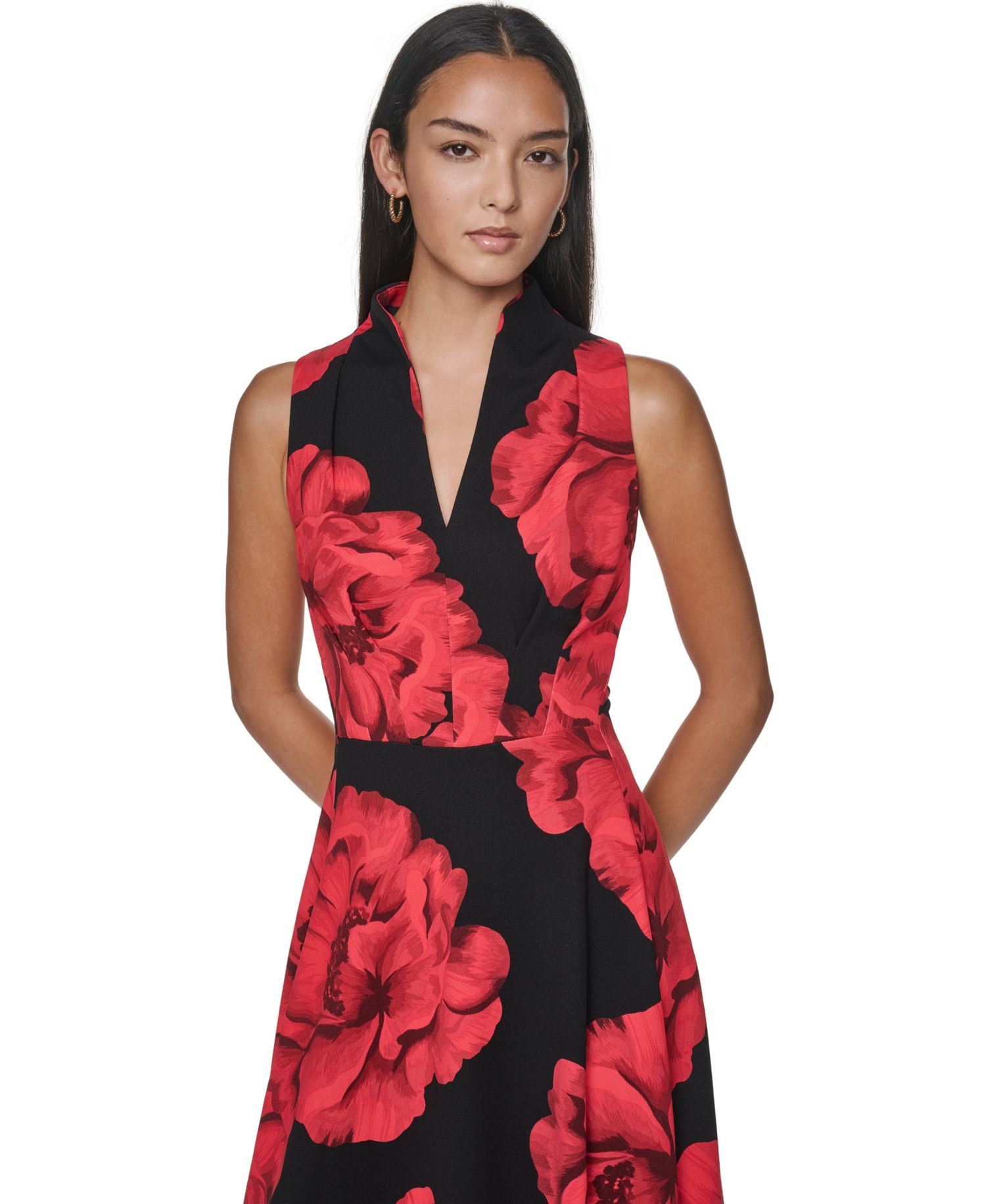 Petite Floral-Print A-Line Split-Neck Midi Dress