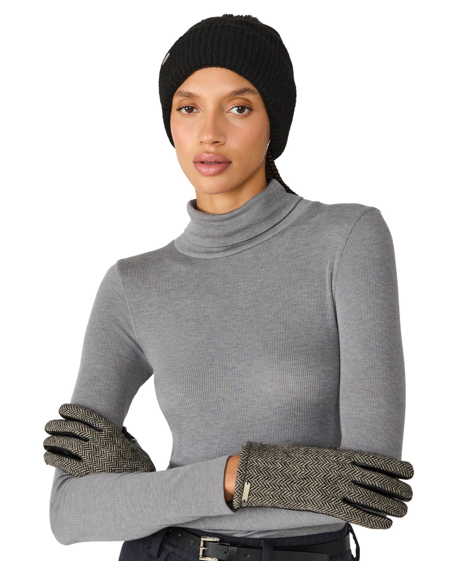 2-Piece Herringbone and Faux Leather Glove Set