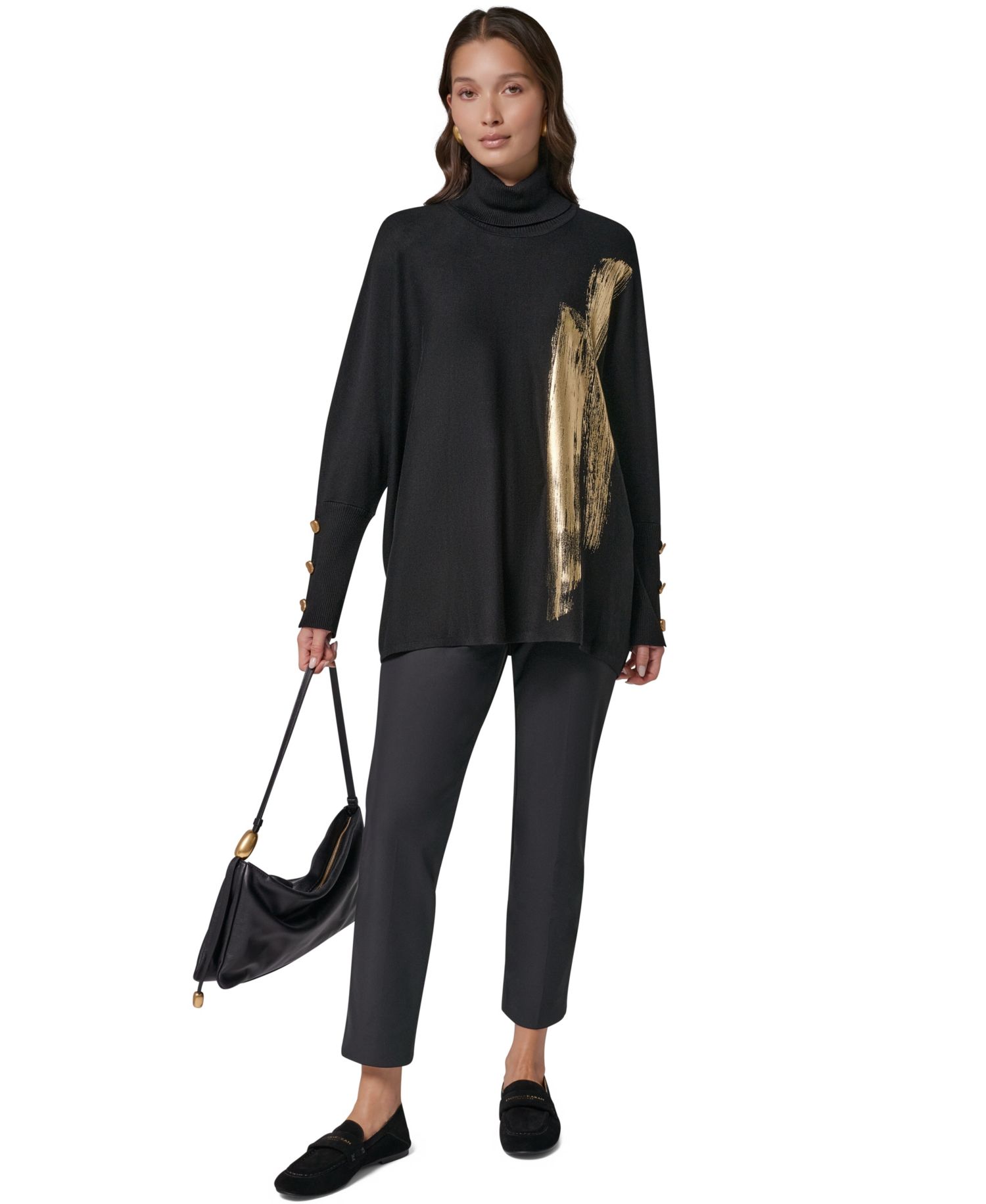Petite Oversized Metallic Paint-Print Turtleneck Sweater