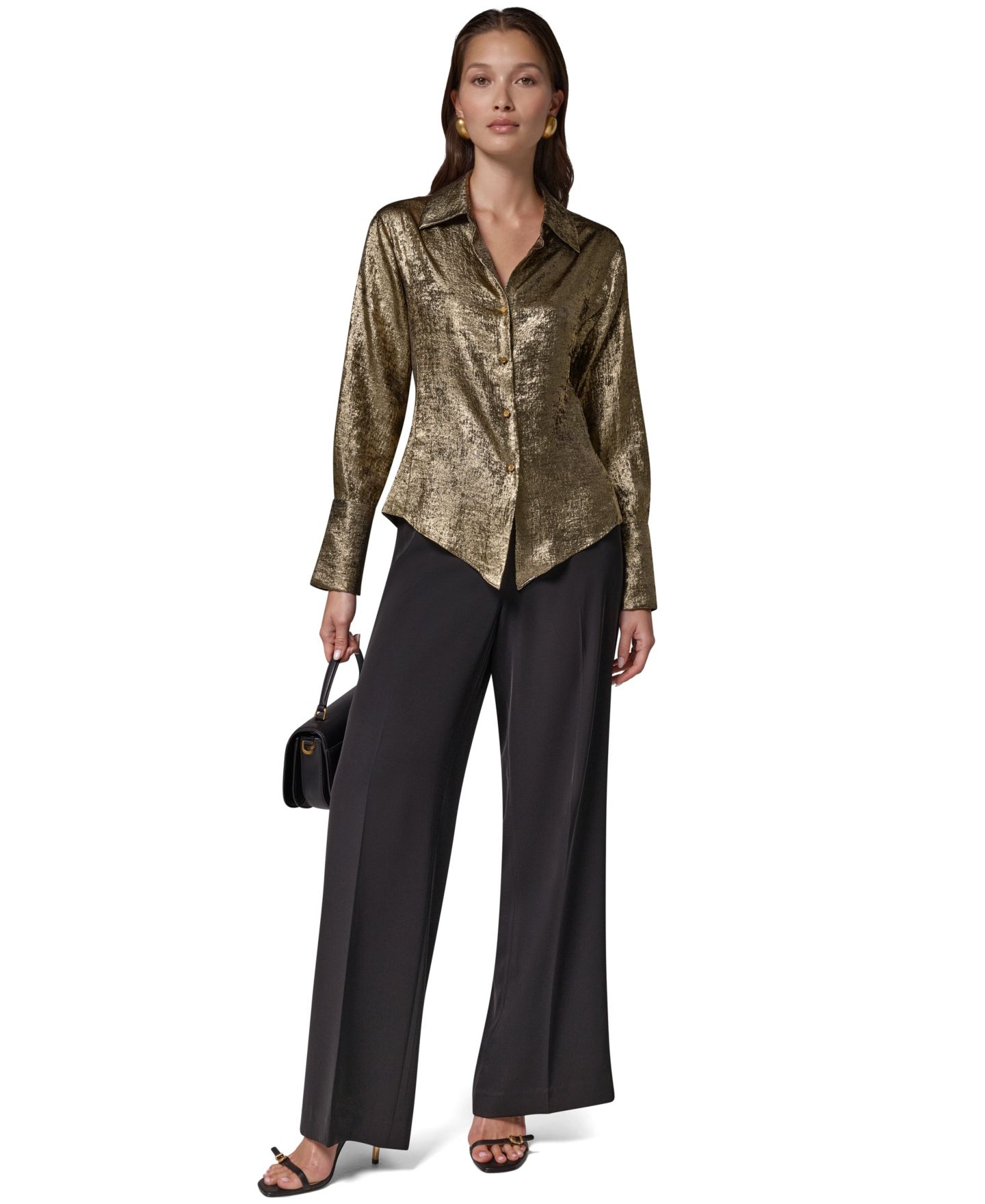Женская блузка Donna Karan New York Petite Long-Sleeve Point-Collar Pointy-Asymmetrical-Hem Blouse, цвет: Золотой — фото 3
