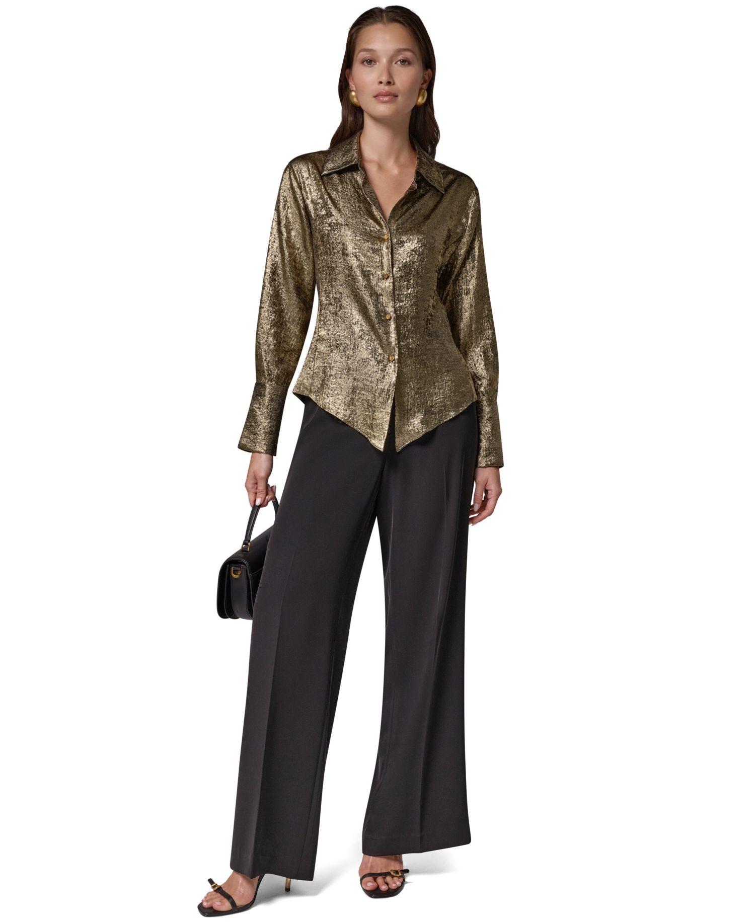 Petite Long-Sleeve Point-Collar Pointy-Asymmetrical-Hem Blouse