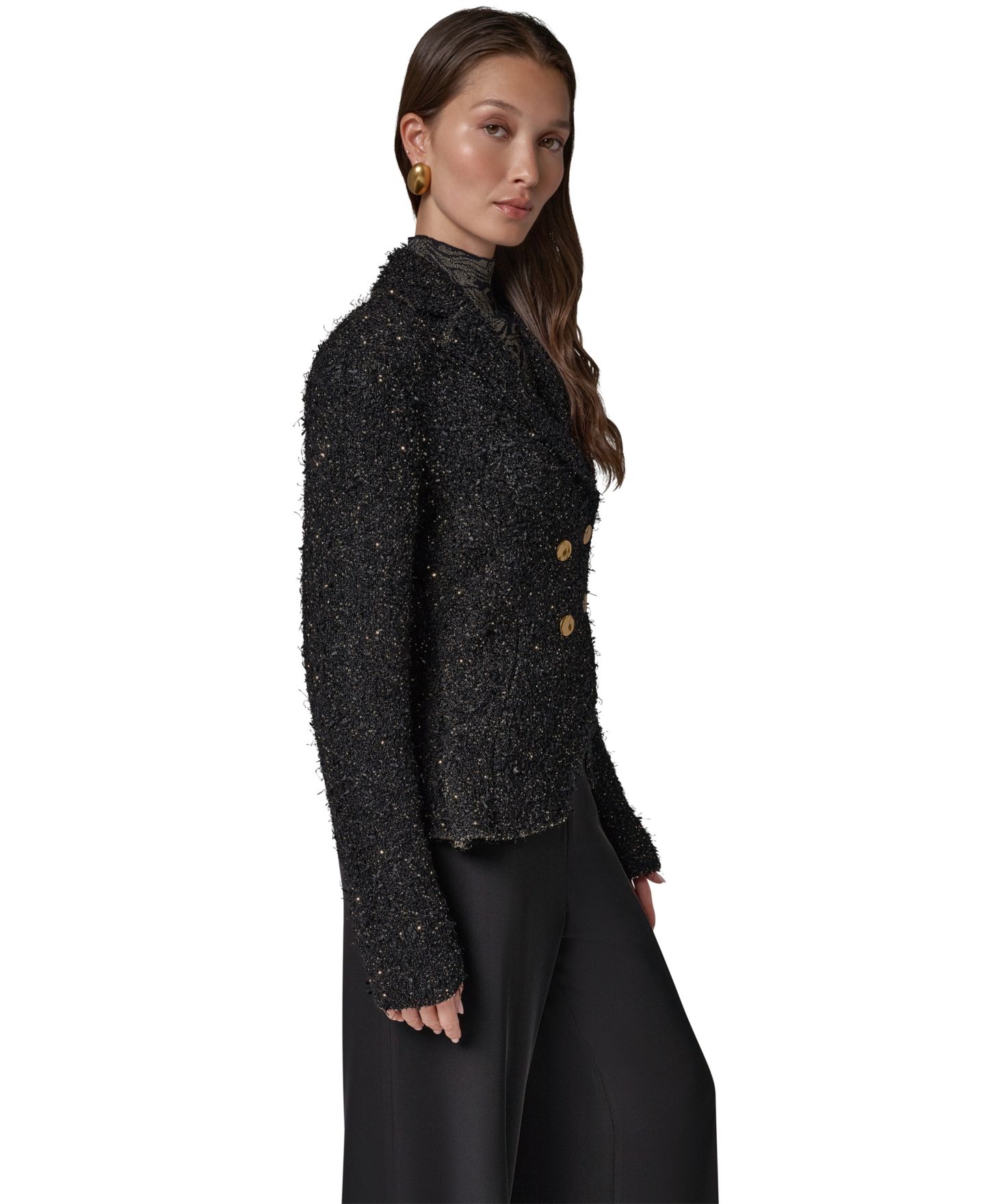 Женский двубортный блейзер Donna Karan New York для невысоких с подплечниками, цвет: Чёрный разноцветный — фото 8