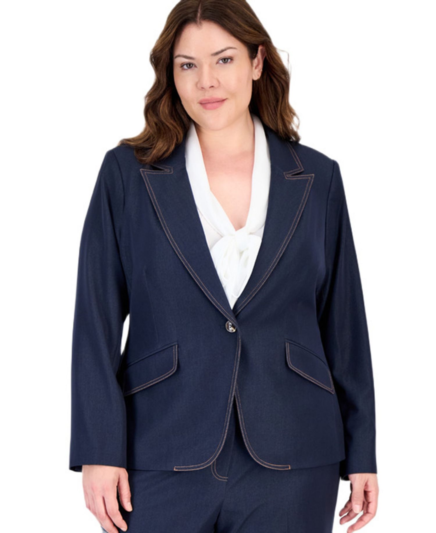 Plus Size Denim One-Button Blazer