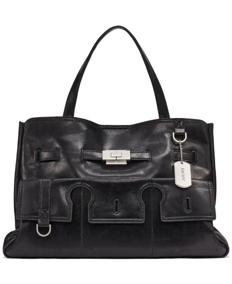Женская сумка DKNY Bryar Structured Large Laptop Compatible Satchel Handbag, цвет: Чёрный / Серебряный