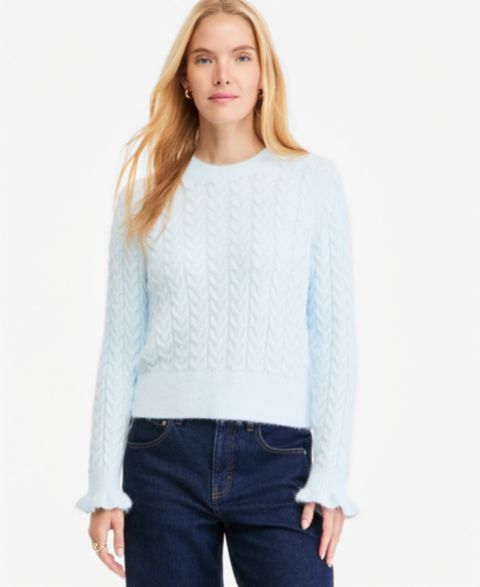 Женский свитер On 34th Cable-Knit Crewneck Ruffle Trim, цвет: Бриллиантовый синий