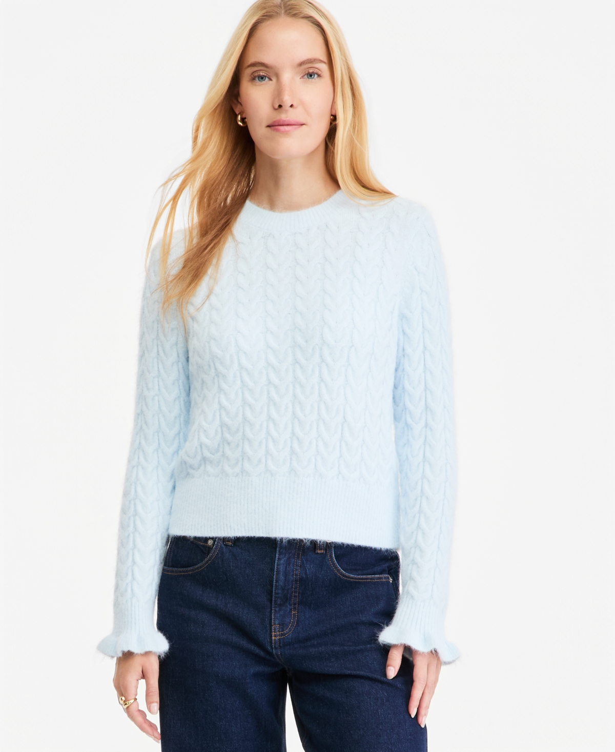 On 34th Women's Cable-Knit Crewneck Ruffle Trim Sweater, Macy's Exclusive