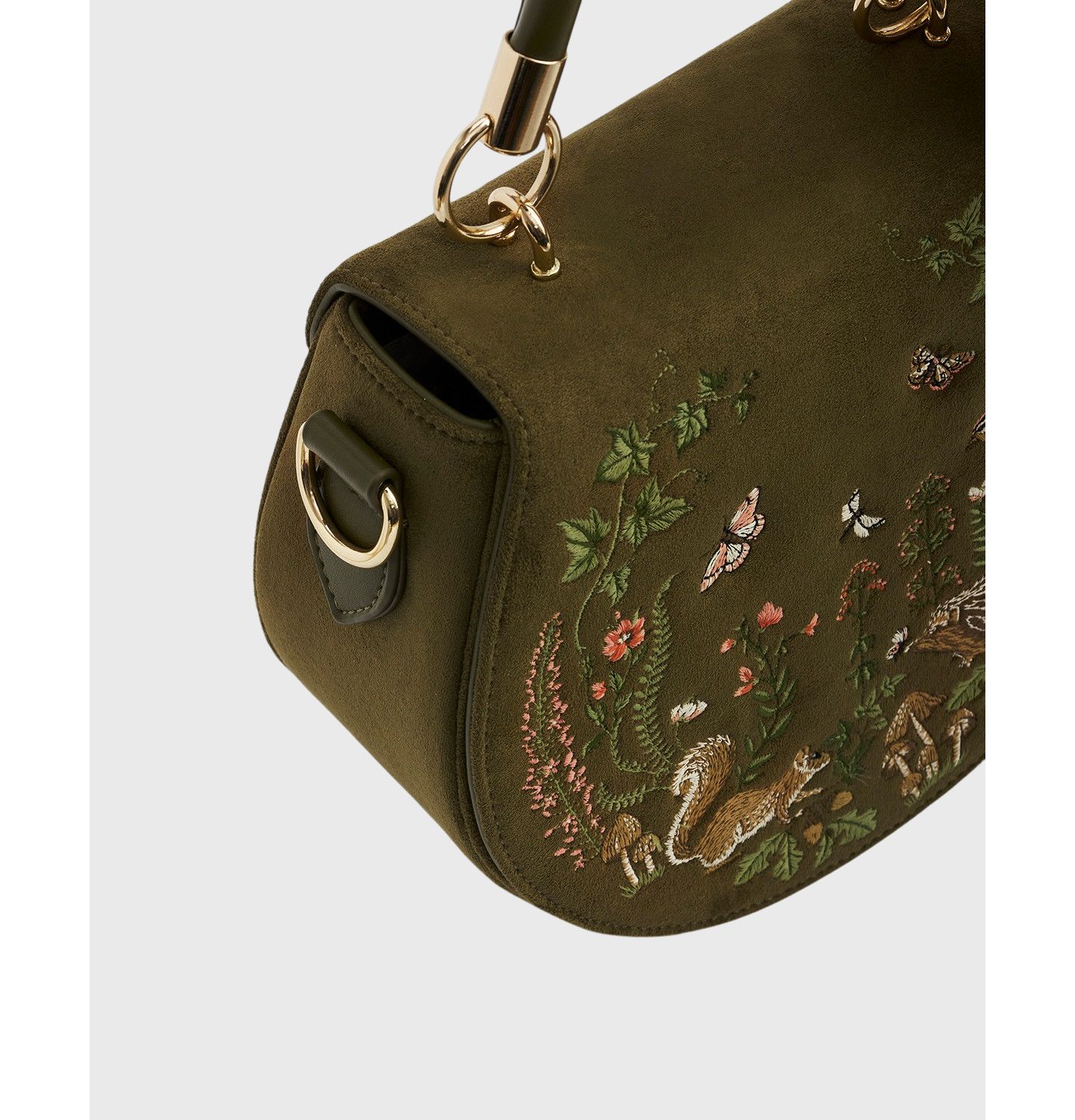 Женская сумка Fable England Charlotte Meadow Scene Embroidered Faux Suede Saddle, цвет: Хаки — фото 8