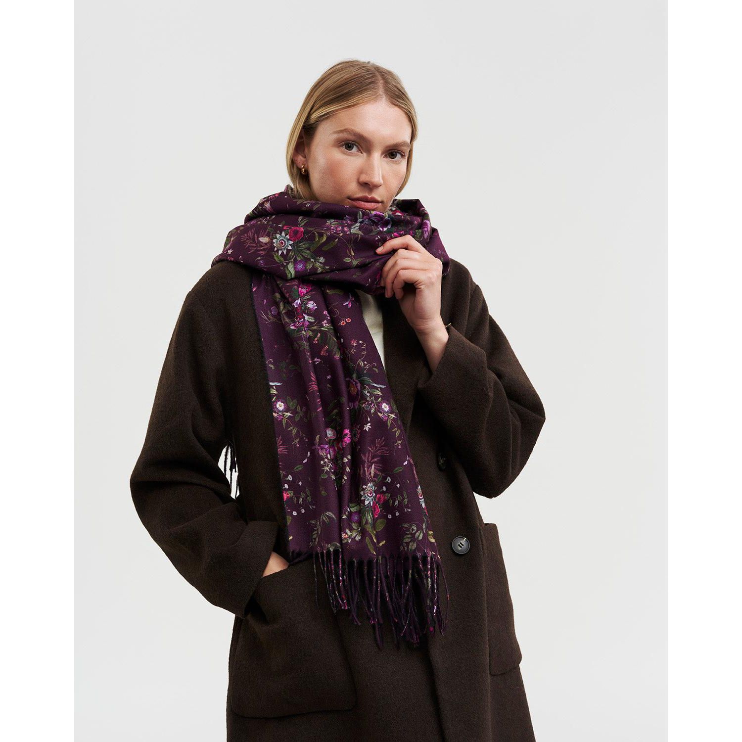 Women's Eve Floral Long Fringed Scarf in Burgundy