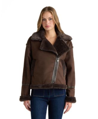Women's Short Faux Suede Bonded to Faux Fur Shearling Biker Jacket