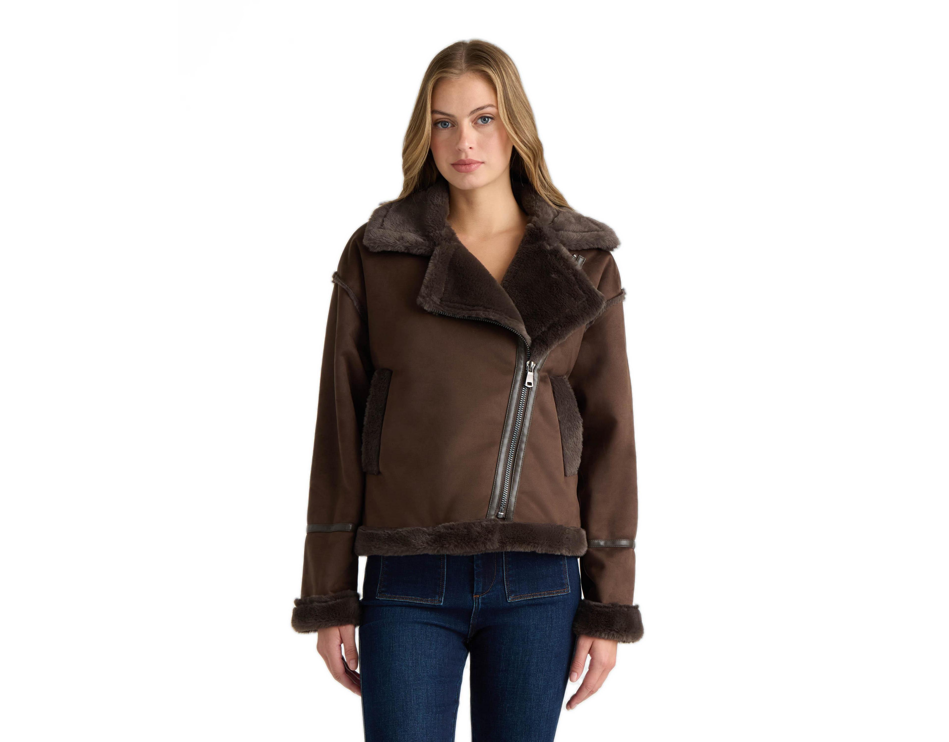 Nvlt Women's Short Faux Suede Bonded to Fur Shearling Biker Jacket