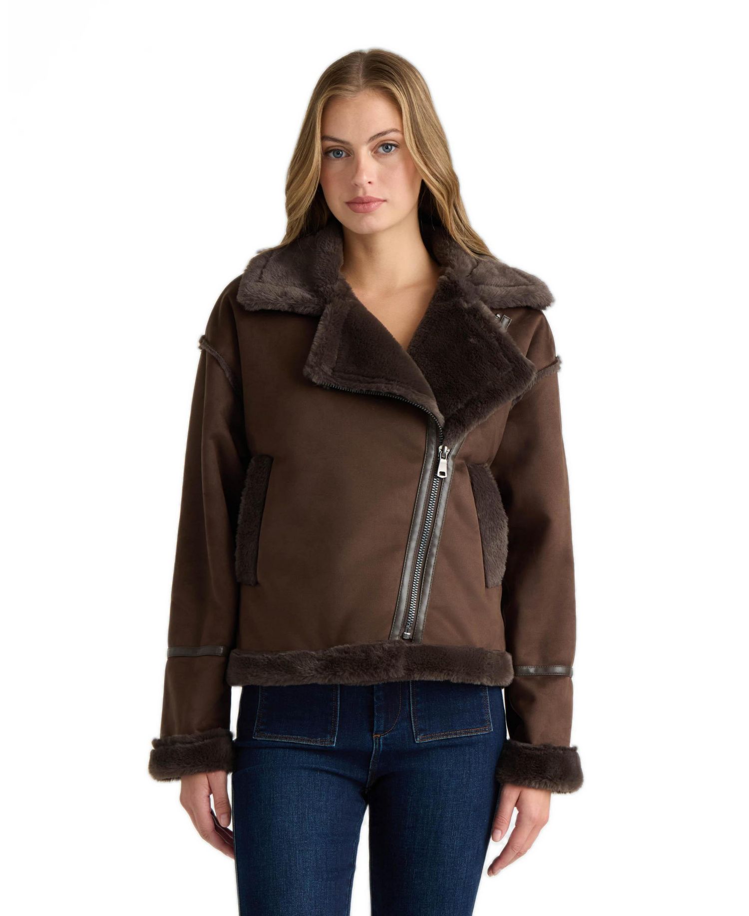 Women's Short Faux Suede Bonded to Faux Fur Shearling Biker Jacket