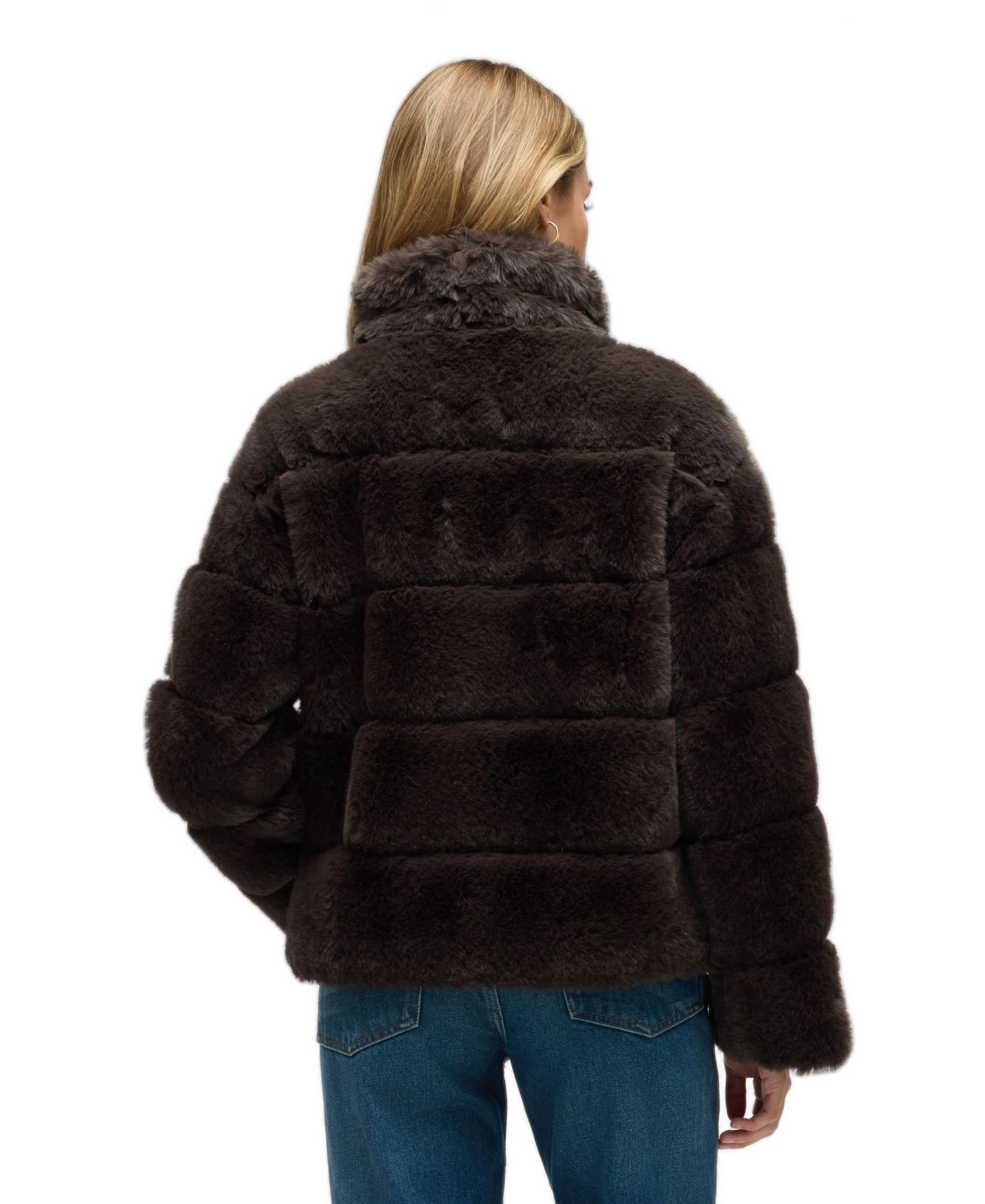 Women's Wide Stripe Faux Fur Jacket with Stand Collar