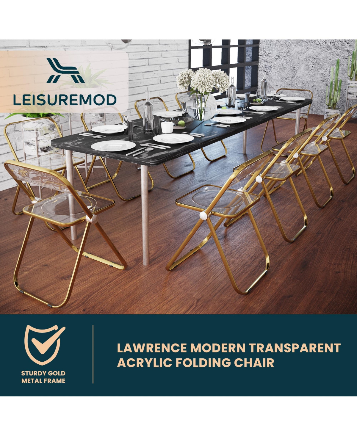 LeisureMod Lawrence Clear Acrylic Folding Chair, Modern Gold Chrome Frame, Fully Assembled Portable Dining Seat