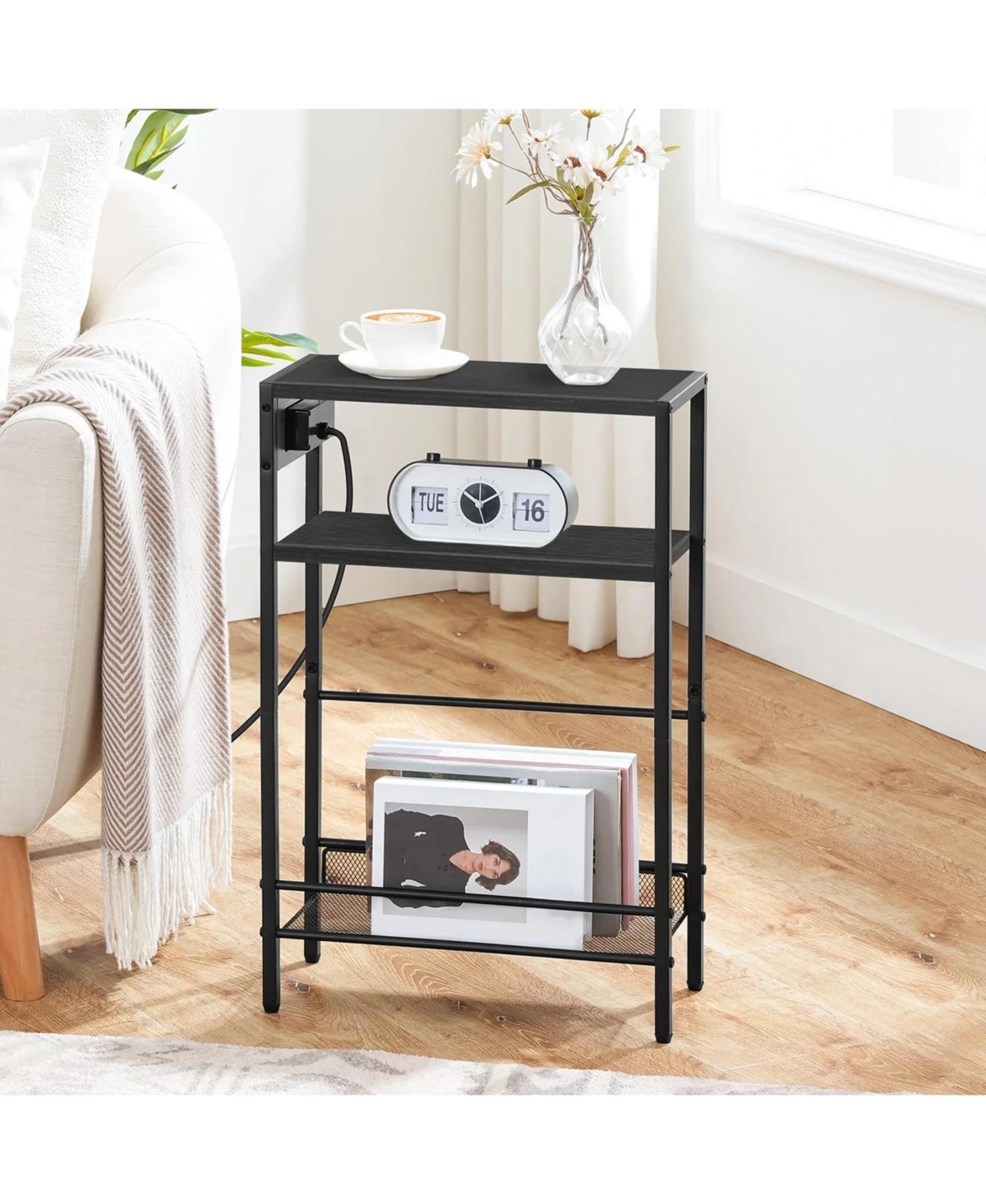 Slickblue Slim Side Table with Charging Station and Storage Shelf for Living Room, Bedroom, Office