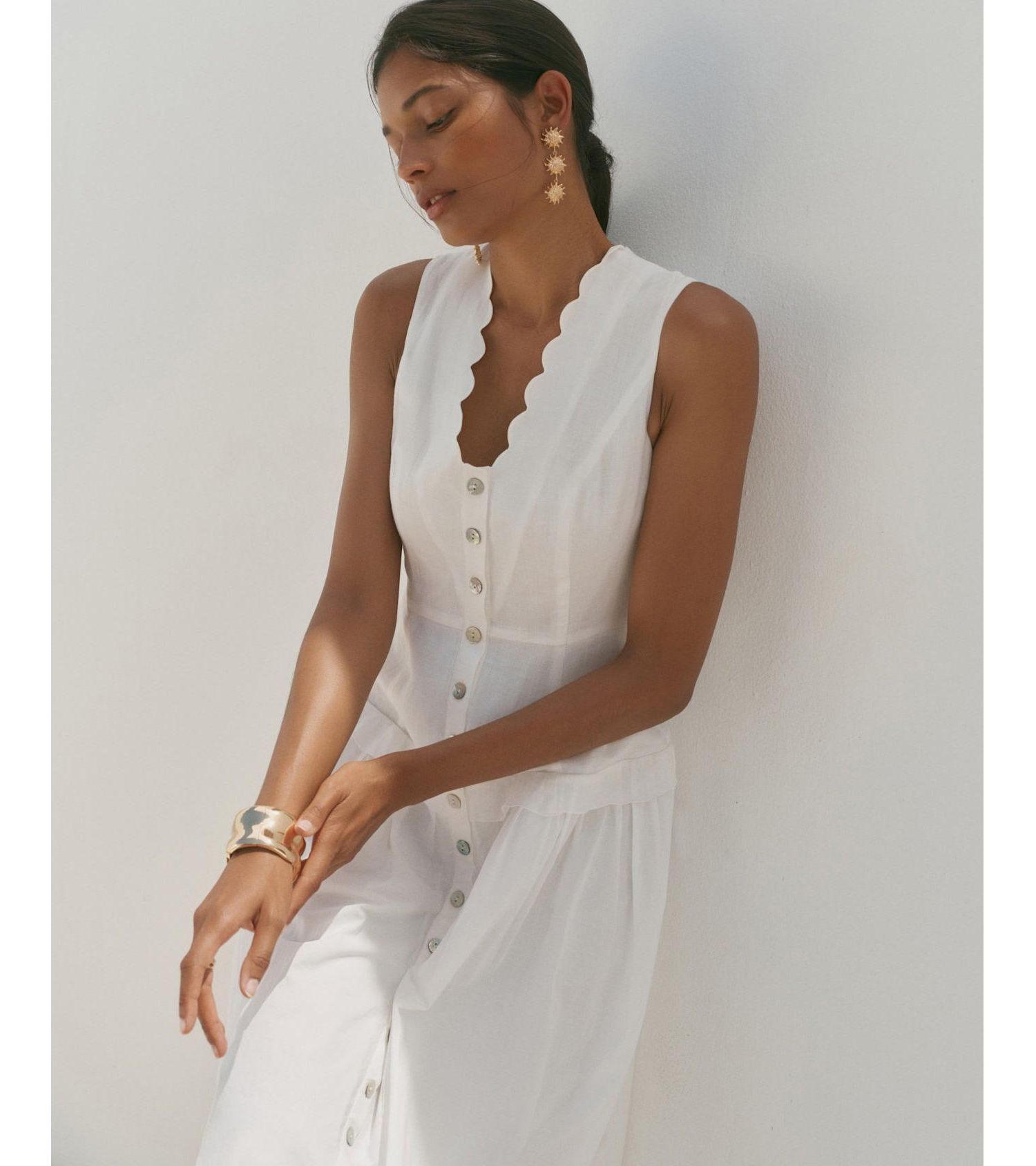 Women's Scalloped Sleeveless Drop-Waist Ramie Maxi Dress