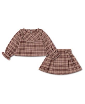 Baby Girls' Boho Flannel Plaid Long-Sleeve Blouse and Skirt, 2-Piece Set