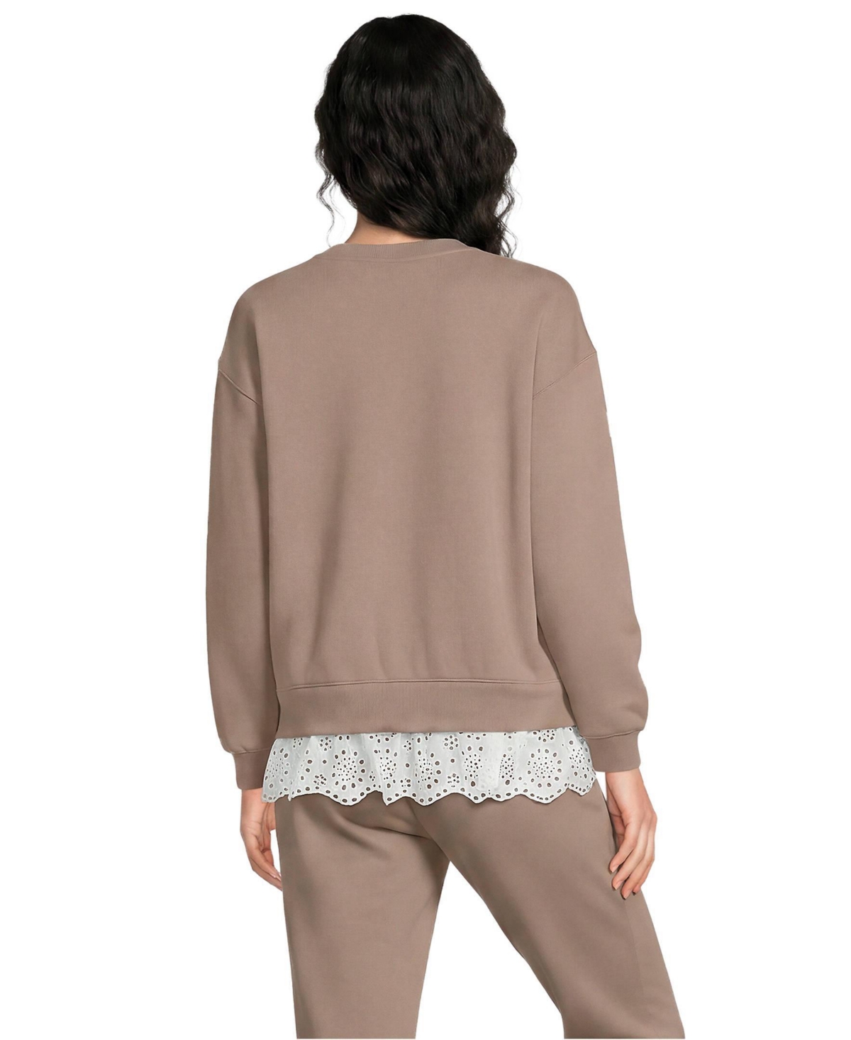 Lands' End Women's Long Sleeve Serious Sweats Lace Hem Crew Neck Tunic Sweatshirt
