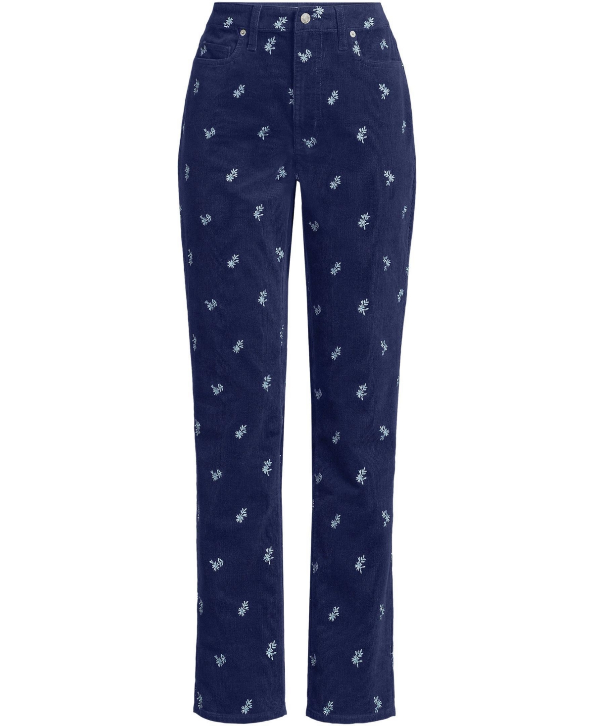 Lands' End Women's Fine Wale Embroidery Corduroy High Rise Straight Leg Pants