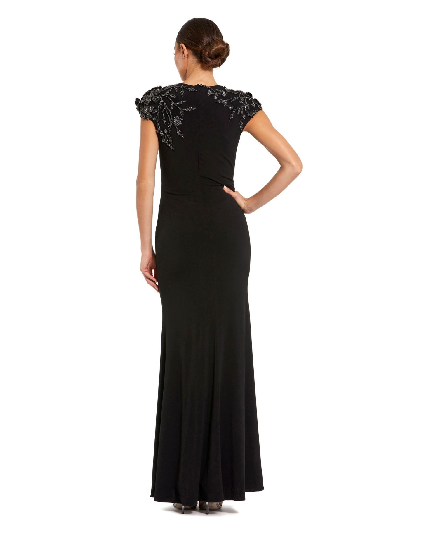 Women's Beaded-Floral Cap-Sleeve Column Gown