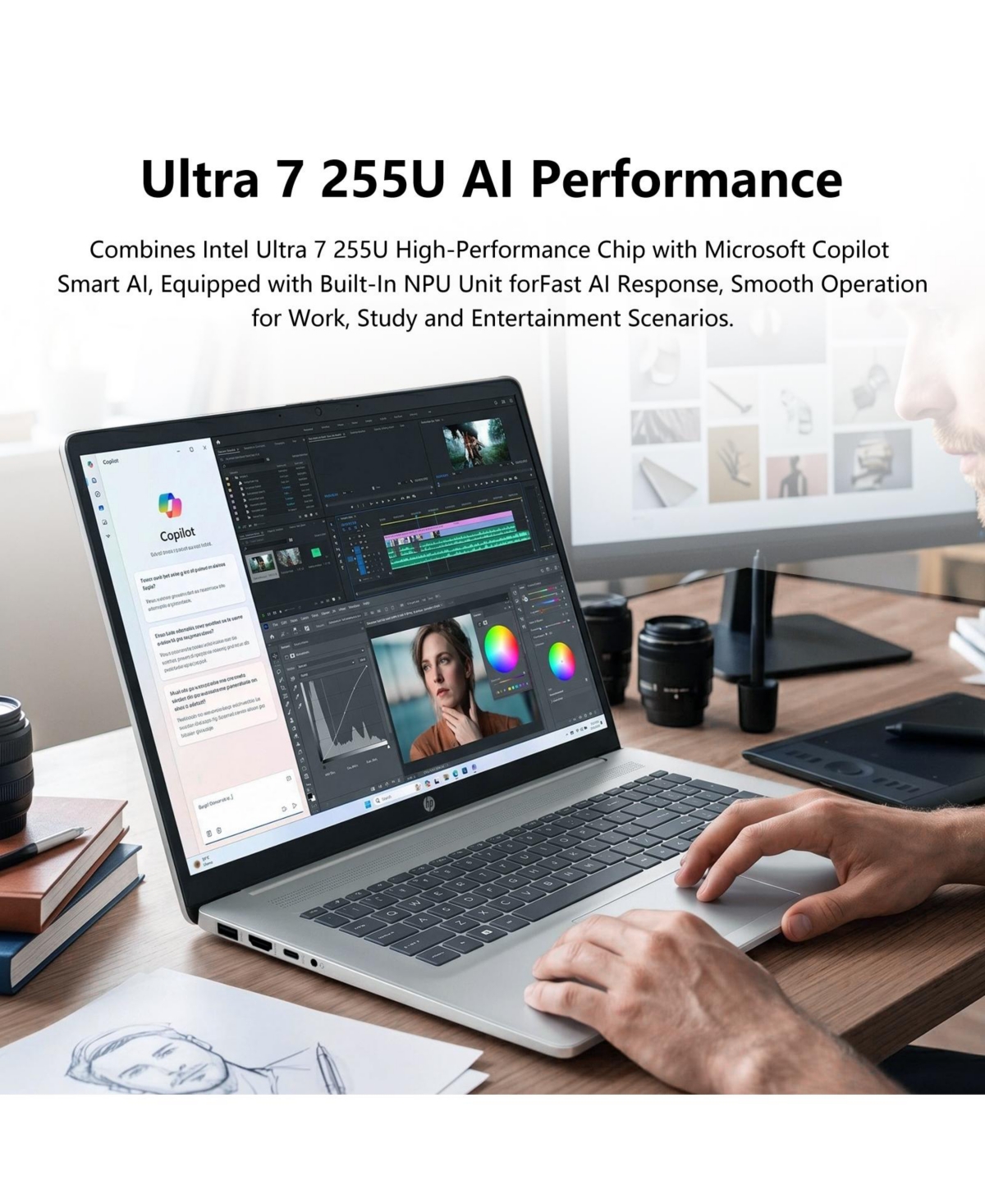 Hp Essential Laptop, 17.3" Hd+ Touchscreen, Intel Core Ultra 7 255U, Intel Graphics, 64GB DDR5 Ram, 1TB PCIe M.2 Ssd, Wi-Fi 6, Windows 11 Home, Silver