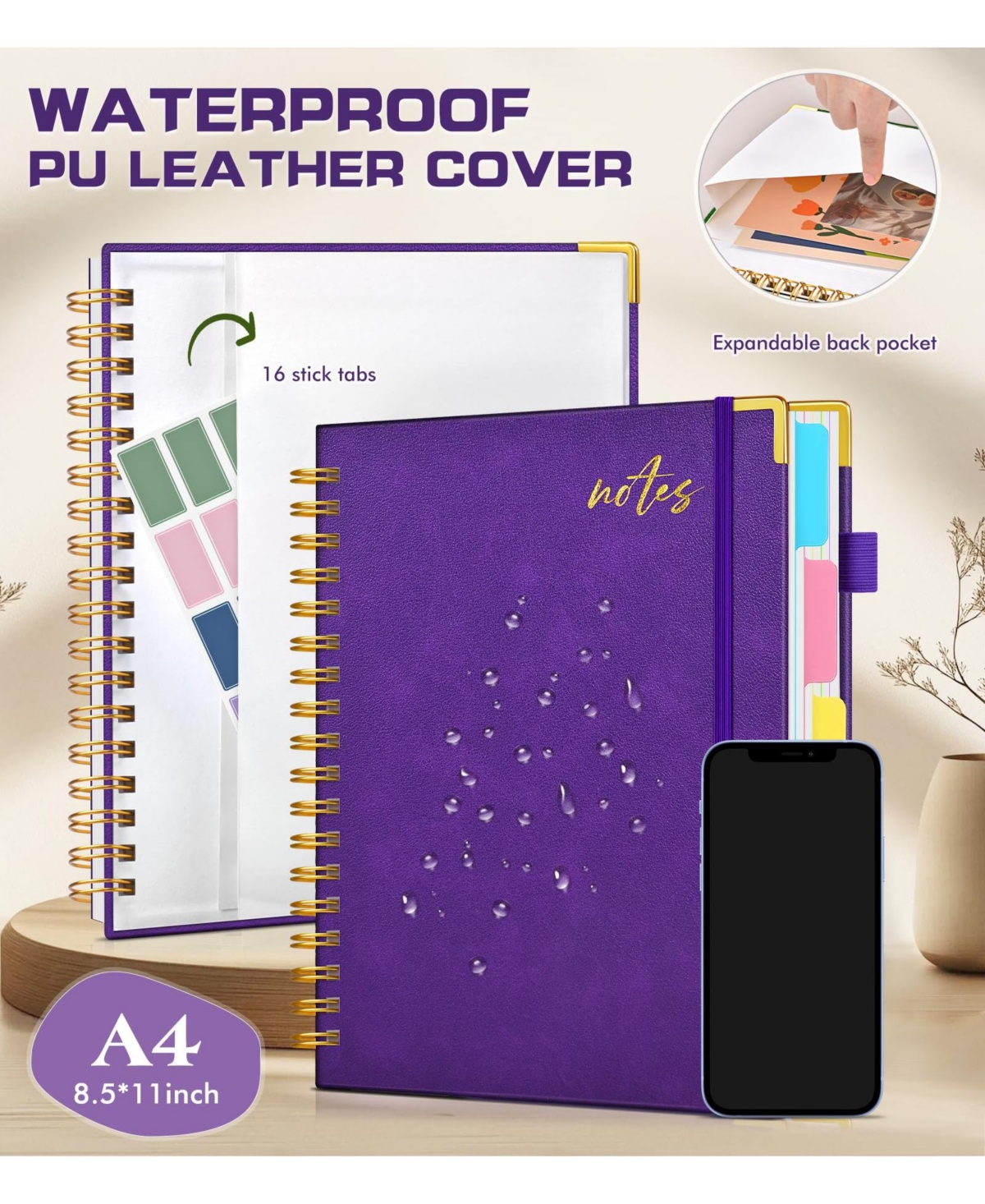 Danrong Leather Spiral Notebook 5 Subject Removable Dividers College Ruled 300 Pages