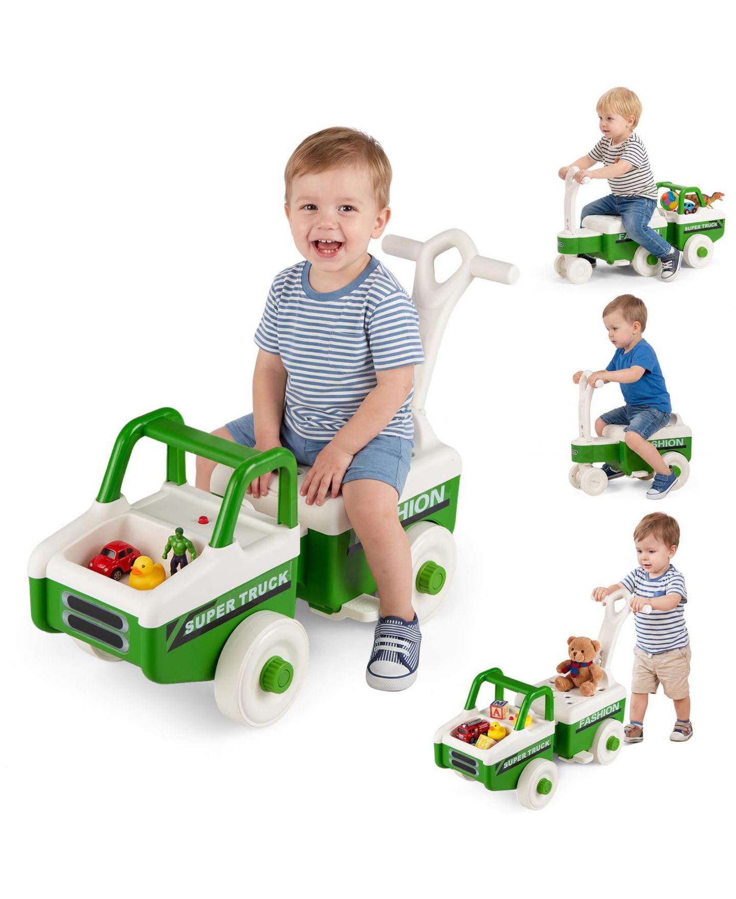 Детская игрушка Costway 4-in-1 Ride-On Push Car with Music and Under-Seat Storage, 45 lbs, Ages 18 Months-5 Years, цвет: Зелёный — фото 11
