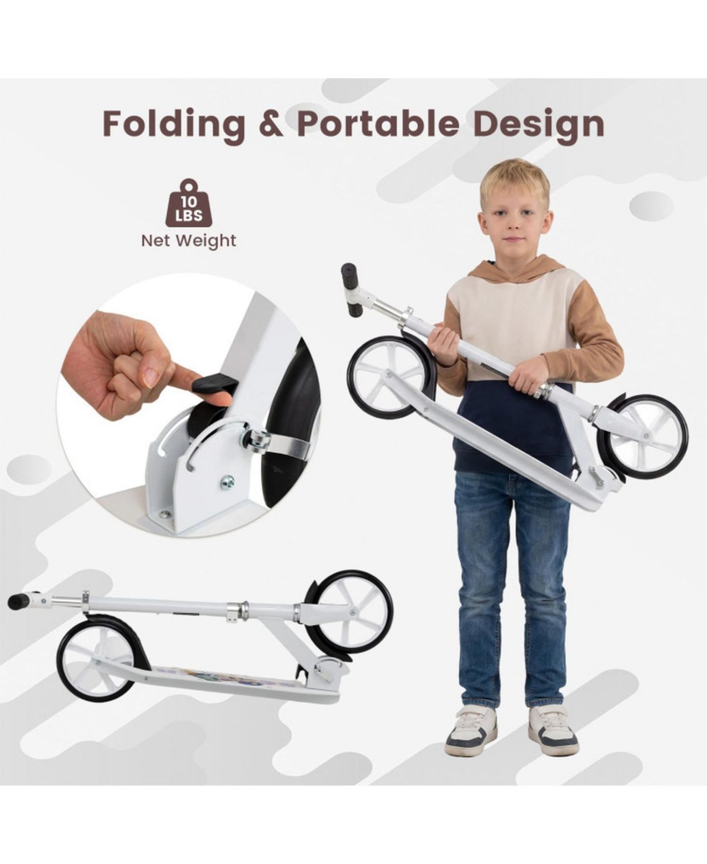 Детская игрушка SUGIFT Folding Aluminum Kick Scooter with Adjustable Height, 220 lb Capacity, Ages 8+, цвет: Белый — фото 6