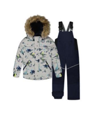 Toddler Boys 2T-5T Two Piece Discover Snowsuit Grey Skiing Dinosaur Print