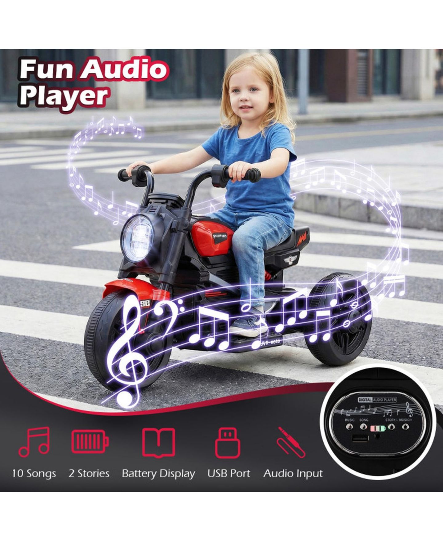 Детская игрушка SUGIFT 6V Toddler Electric Motorcycle 31" 3-Wheel with LED Headlight Ride-On Toy, Ages 3-5, цвет: Красный — фото 8