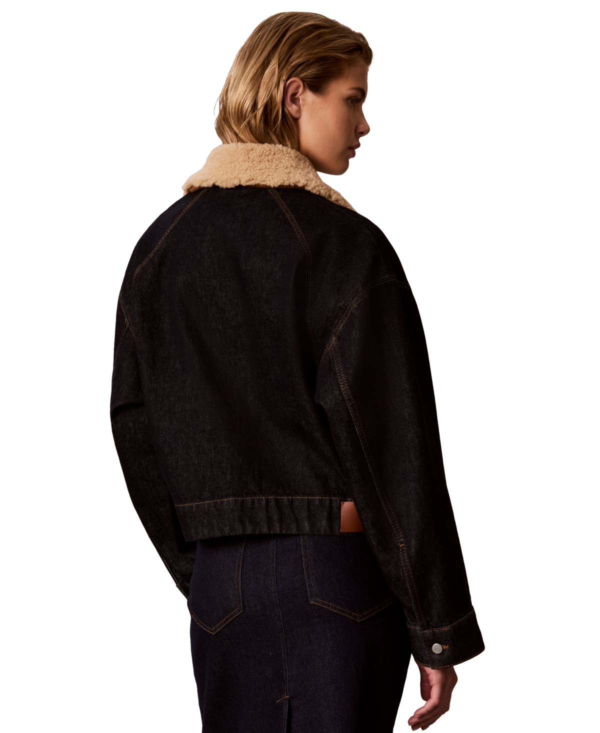 Calvin Klein Women's Cropped Shearling-Collar Denim Jacket