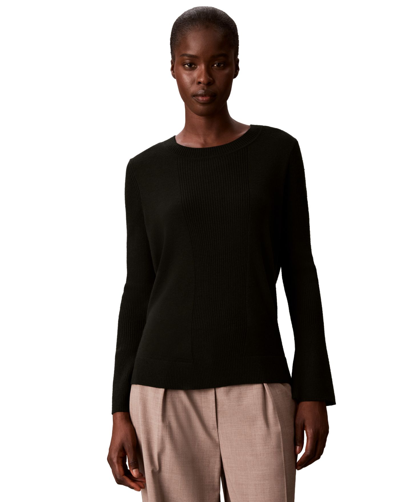 Женский свитер Calvin Klein Ribbed Sculpted-Sleeve Crewneck, цвет: Чёрный — фото 1