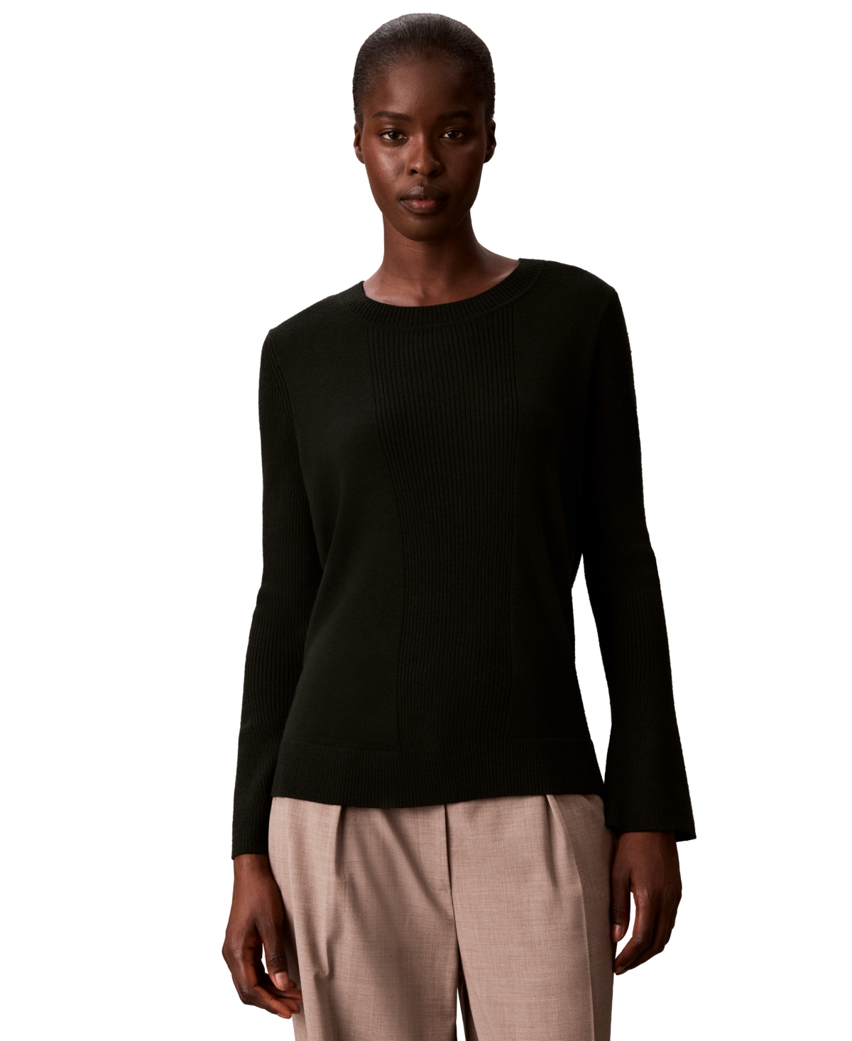 Calvin Klein Women's Ribbed Sculpted-Sleeve Crewneck Sweater - Black