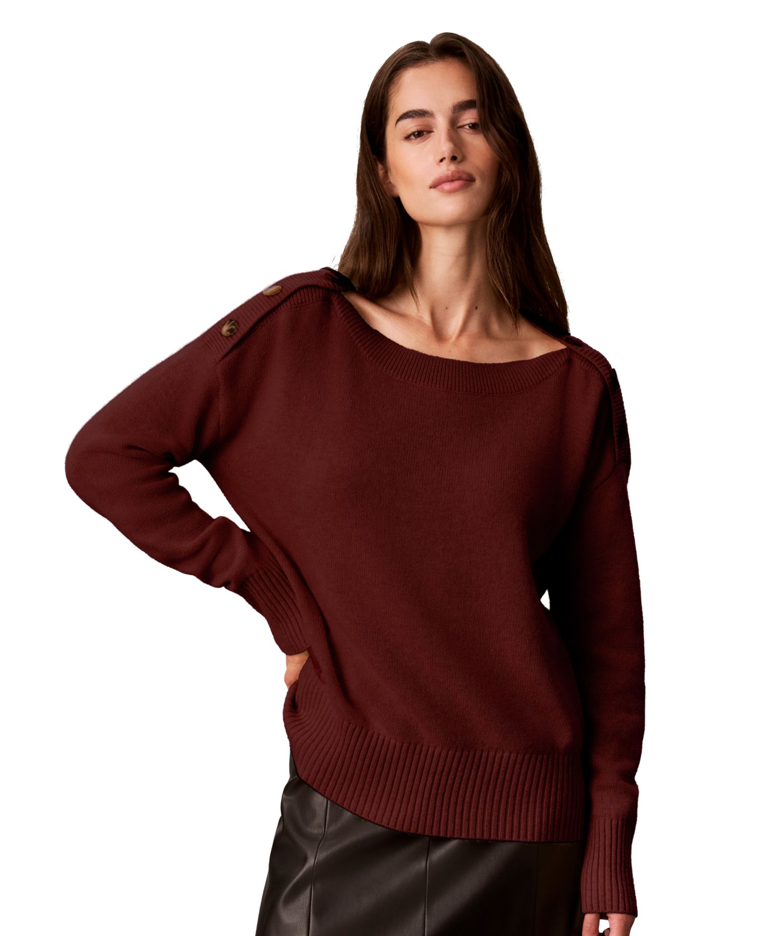 Petite Bateau Neck Button-Shoulder Sweater