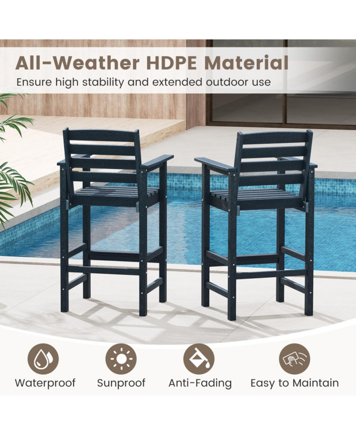 Gouun Hdpe Adirondack Bar Chairs Set of 2 with Wide Armrests
