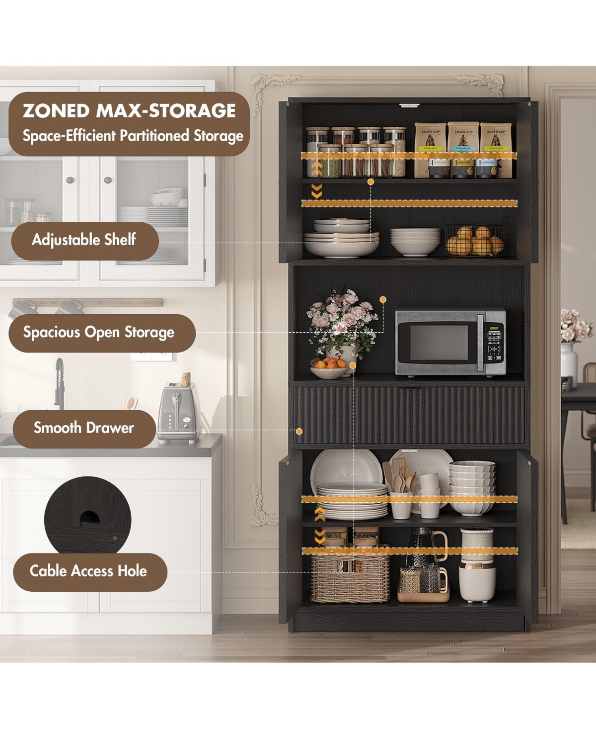 Gaomon Kitchen Pantry Cabinet, 70" Tall Storage Cupboard with Microwave Countertop, Drawer and Adjustable Shelves for Dining Room