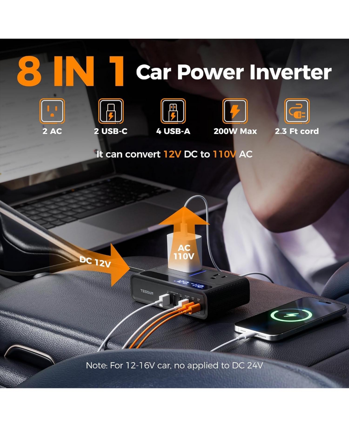 Tessan 200W 65W Usb-c 2 Ac Outlets Car Power Inverter