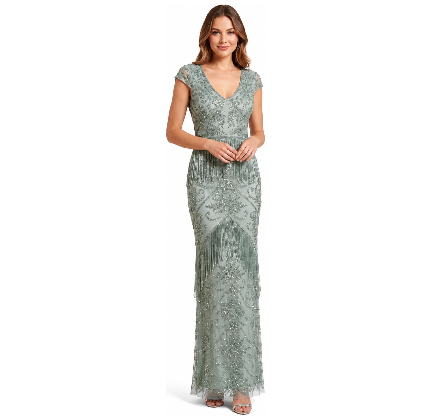 Plus Size Cap-Sleeve Beaded Fringe Gown