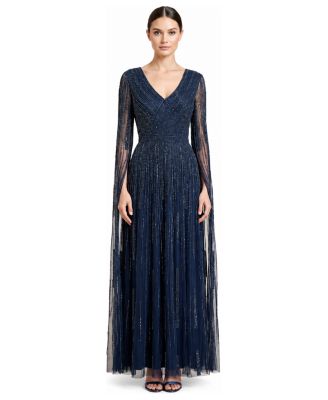 Women's V-Neck Beaded Long Cape-Sleeve Dress