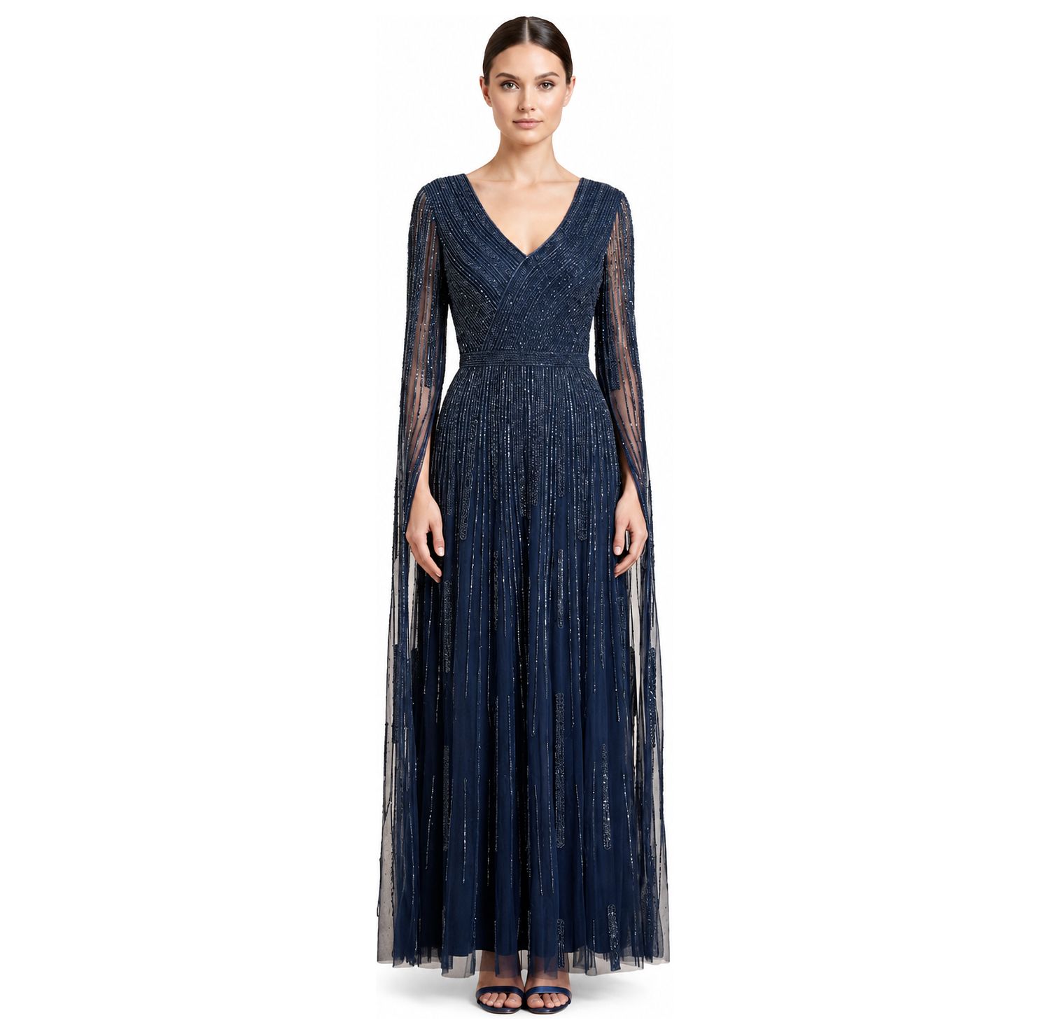Women's V-Neck Beaded Long Cape-Sleeve Dress