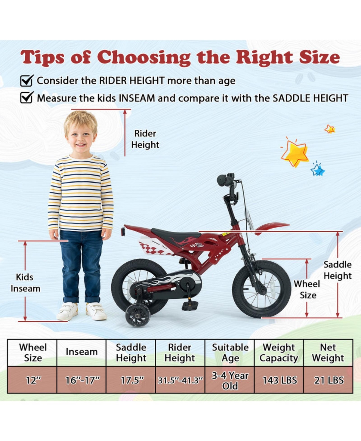 Hongge 12 in Motorcycle-Inspired Kids' Bike with Detachable Training Wheels, 143 lb Capacity, Ages 3-4