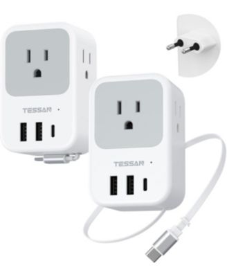 European Travel Plug Adapter with Retractable USB-C Cable, 2-Piece Set