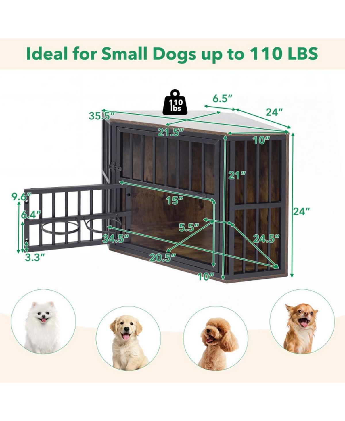 Sugift 35.5 in Wooden Dog Kennel End Table with 3-Position Dog Bowl Rack
