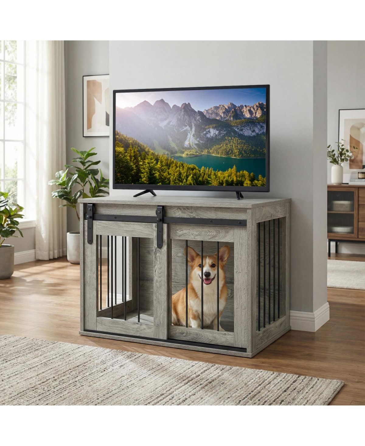 Sugift Heavy Duty Dog Crate Furniture Kennel with Sliding Barn Door
