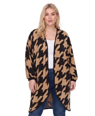 Plus Size Houndstooth Long-Sleeve Duster Cardigan