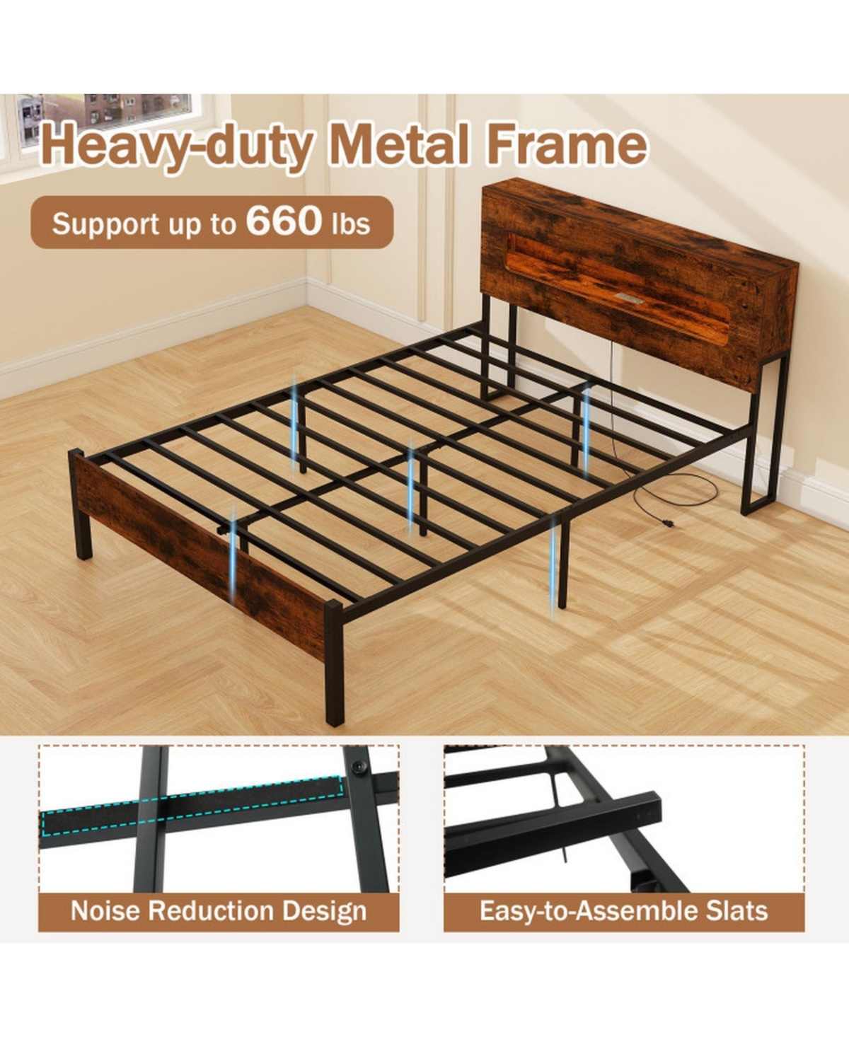 Sugift Full Size Slatted Bed Frame with Led Lights Storage Headboard and Charging Station